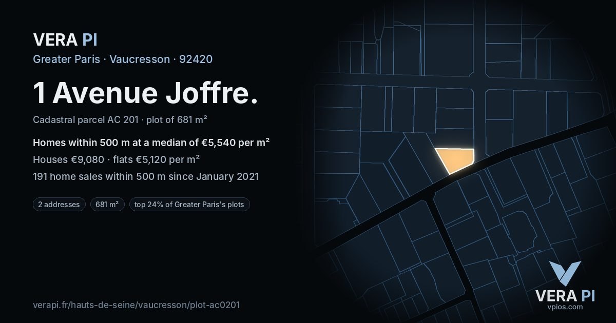 1 Avenue Joffre, Vaucresson at night – the plot lit, the parcels around coloured by the prices near them