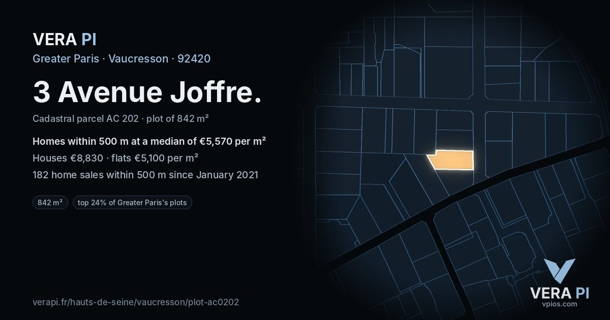 3 Avenue Joffre, Vaucresson at night – the plot lit, the parcels around coloured by the prices near them