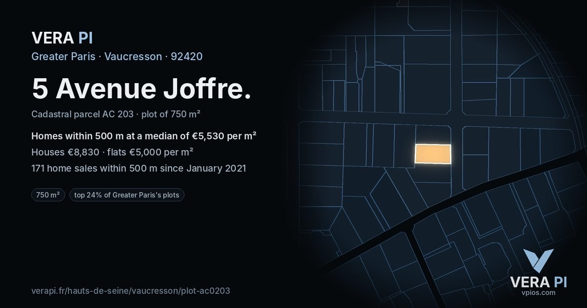 5 Avenue Joffre, Vaucresson at night – the plot lit, the parcels around coloured by the prices near them