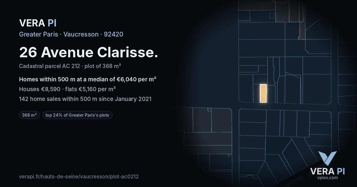 26 Avenue Clarisse, Vaucresson at night – the plot lit, the parcels around coloured by the prices near them