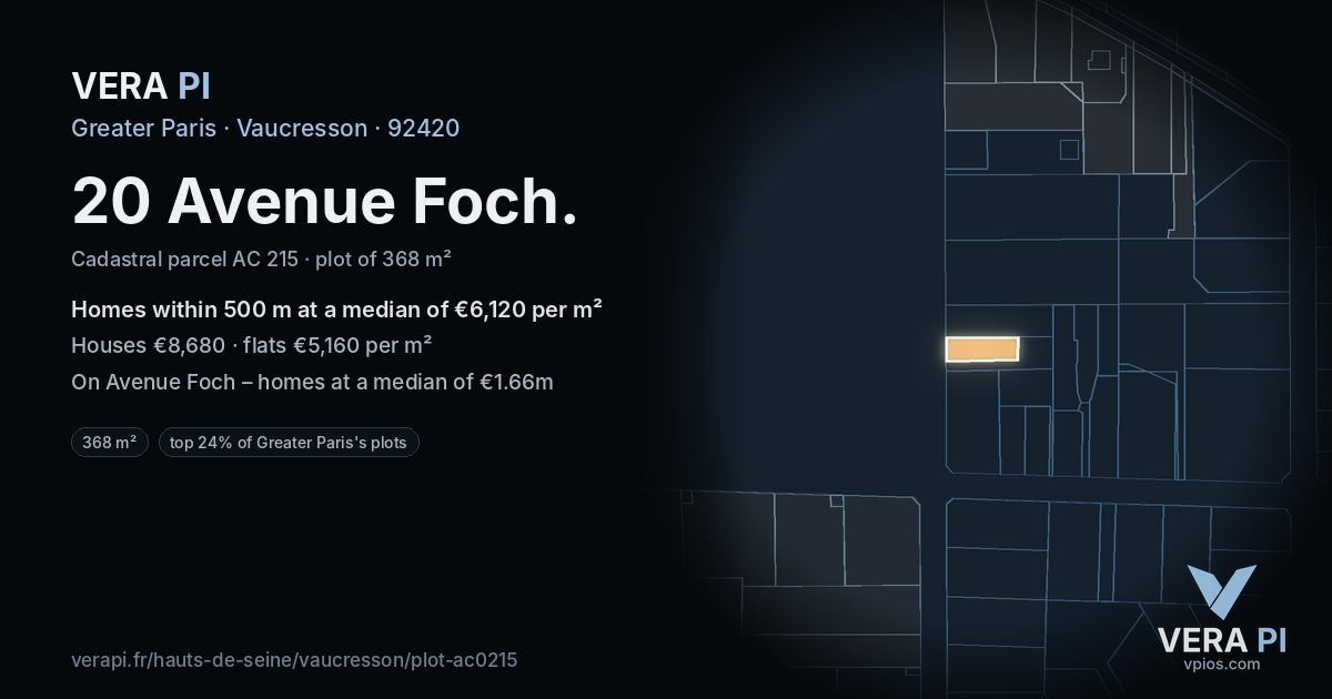 20 Avenue Foch, Vaucresson at night – the plot lit, the parcels around coloured by the prices near them