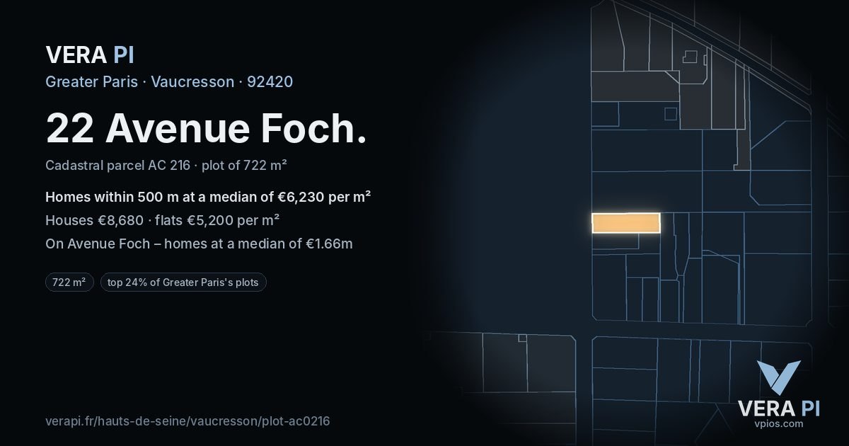 22 Avenue Foch, Vaucresson at night – the plot lit, the parcels around coloured by the prices near them