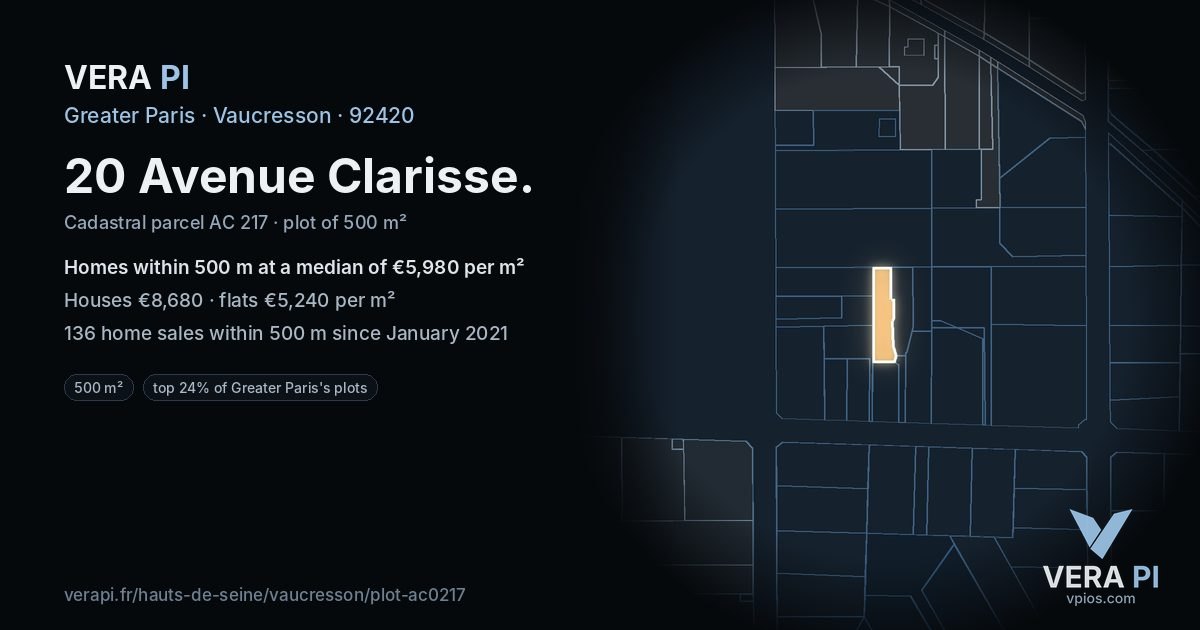 20 Avenue Clarisse, Vaucresson at night – the plot lit, the parcels around coloured by the prices near them
