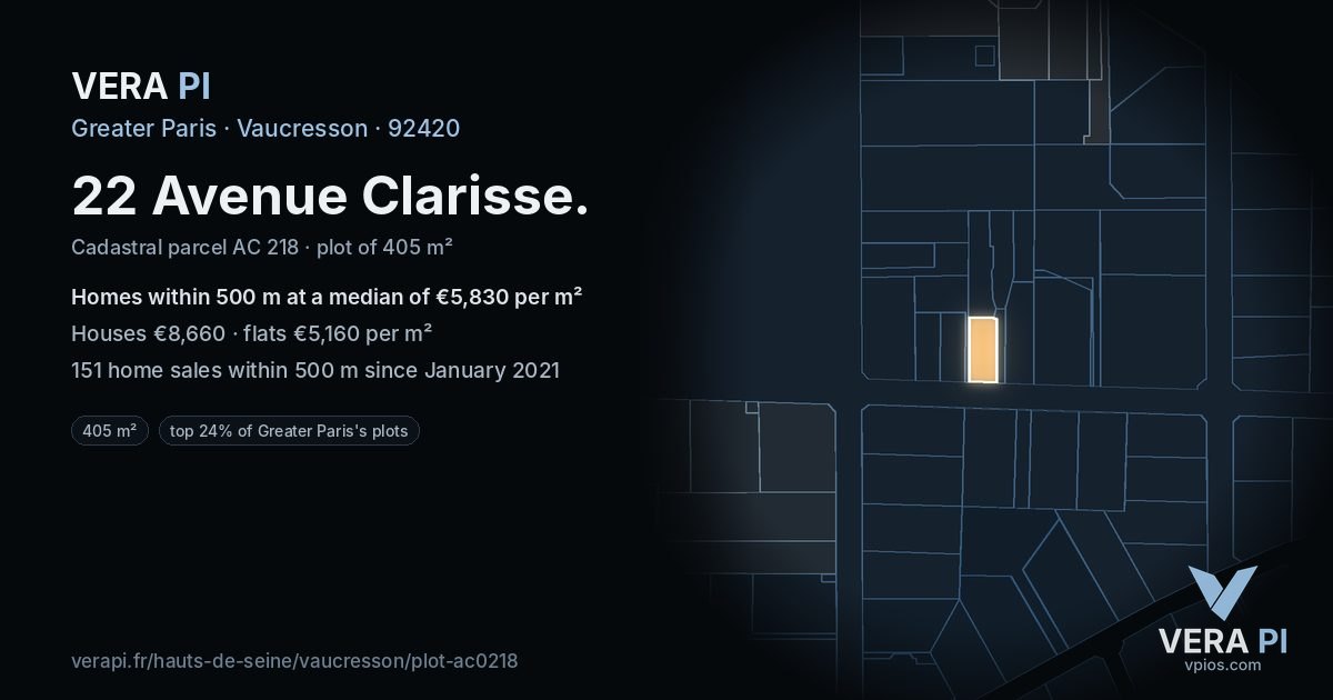 22 Avenue Clarisse, Vaucresson at night – the plot lit, the parcels around coloured by the prices near them
