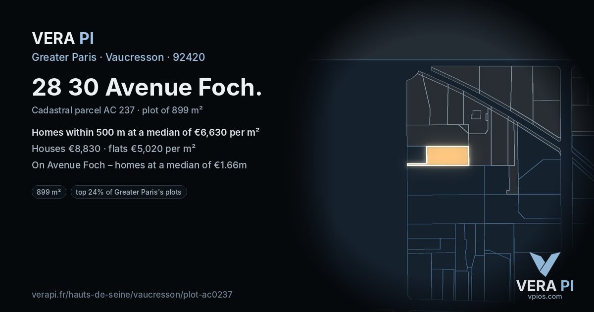 28 30 Avenue Foch, Vaucresson at night – the plot lit, the parcels around coloured by the prices near them