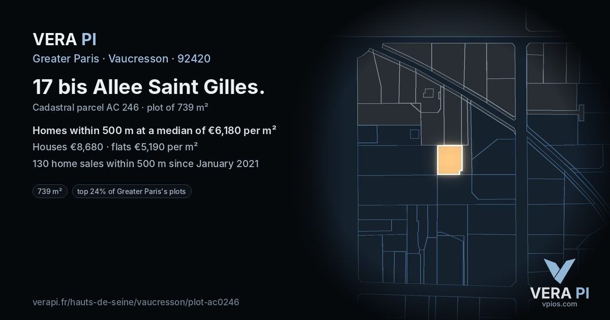 17 bis Allee Saint Gilles, Vaucresson at night – the plot lit, the parcels around coloured by the prices near them