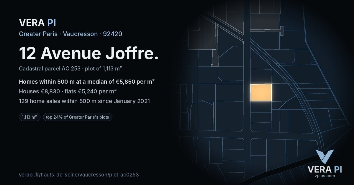 12 Avenue Joffre, Vaucresson at night – the plot lit, the parcels around coloured by the prices near them