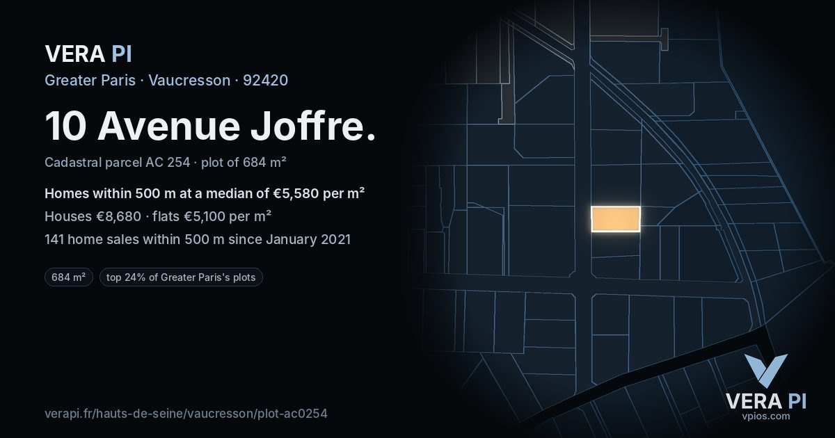 10 Avenue Joffre, Vaucresson at night – the plot lit, the parcels around coloured by the prices near them