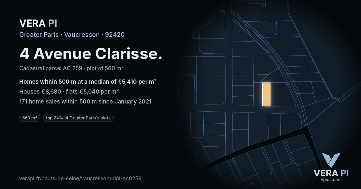 4 Avenue Clarisse, Vaucresson at night – the plot lit, the parcels around coloured by the prices near them