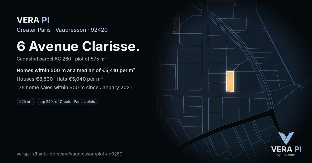 6 Avenue Clarisse, Vaucresson at night – the plot lit, the parcels around coloured by the prices near them
