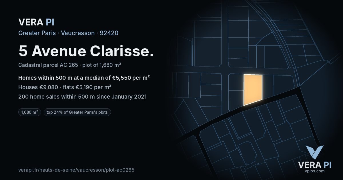 5 Avenue Clarisse, Vaucresson at night – the plot lit, the parcels around coloured by the prices near them