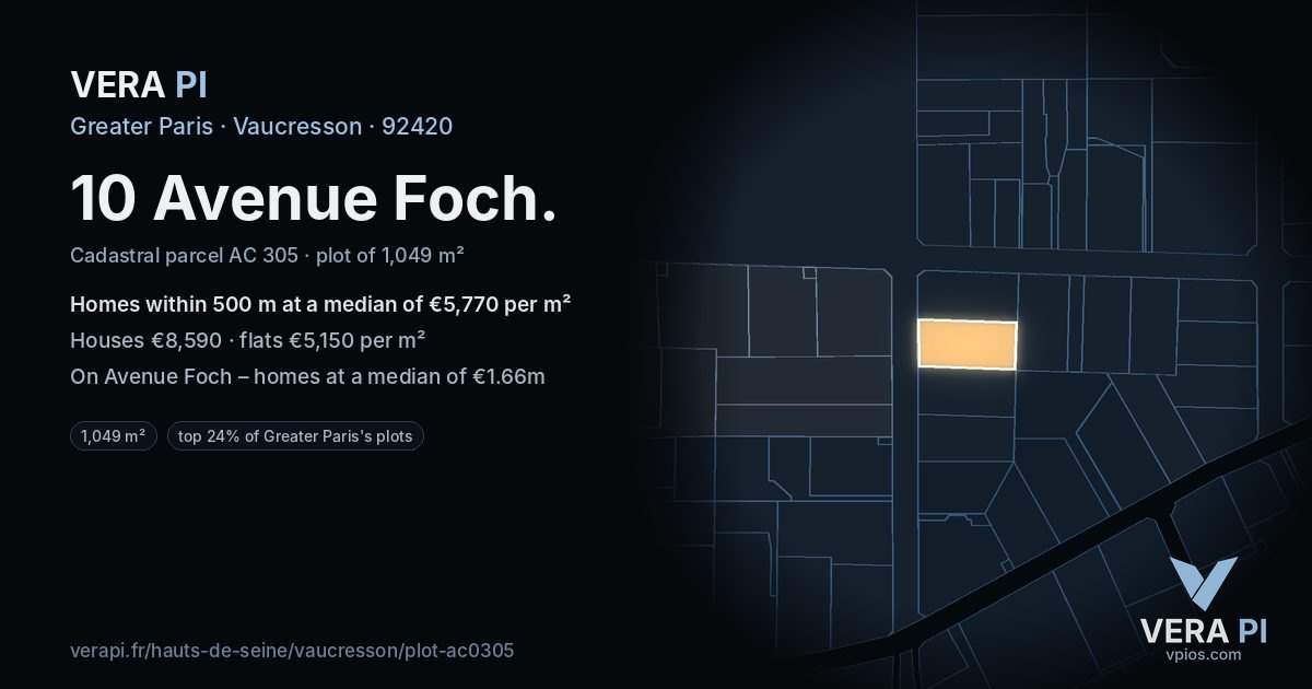 10 Avenue Foch, Vaucresson at night – the plot lit, the parcels around coloured by the prices near them