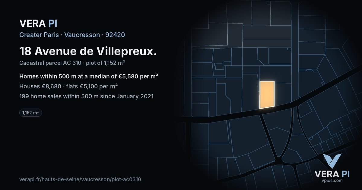 18 Avenue de Villepreux, Vaucresson at night – the plot lit, the parcels around coloured by the prices near them