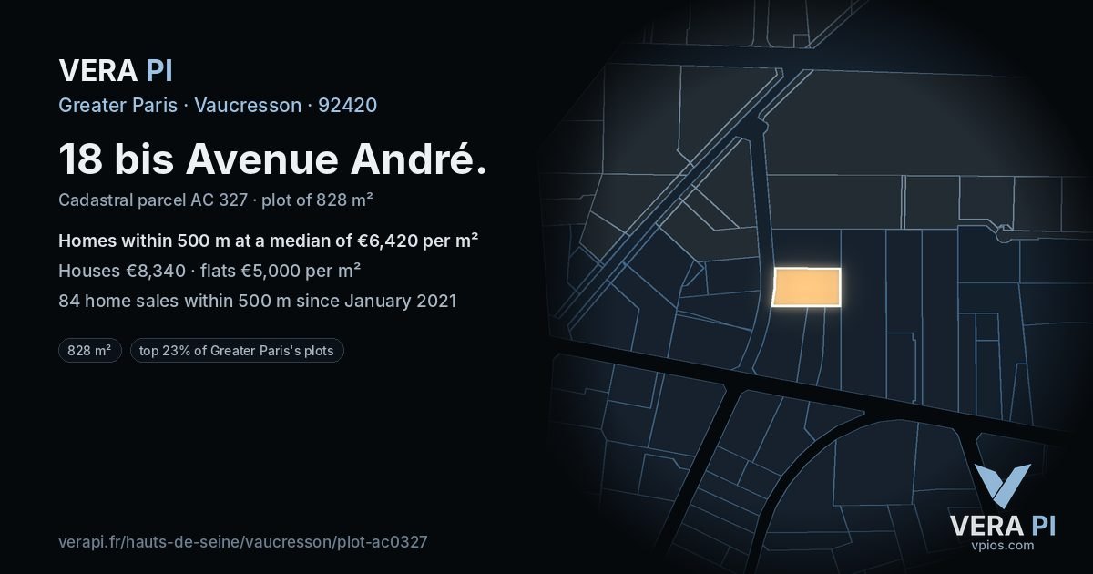 18 bis Avenue André, Vaucresson at night – the plot lit, the parcels around coloured by the prices near them