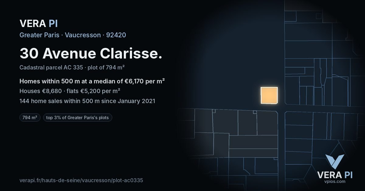 30 Avenue Clarisse, Vaucresson at night – the plot lit, the parcels around coloured by the prices near them