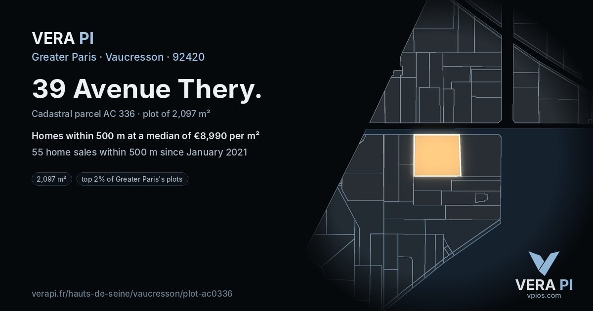 39 Avenue Thery, Vaucresson at night – the plot lit, the parcels around coloured by the prices near them
