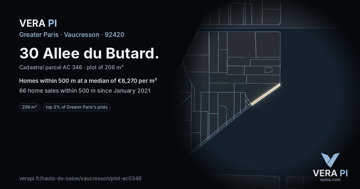 30 Allee du Butard, Vaucresson at night – the plot lit, the parcels around coloured by the prices near them
