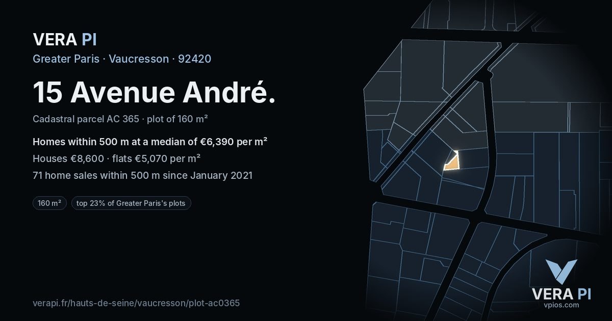 15 Avenue André, Vaucresson at night – the plot lit, the parcels around coloured by the prices near them