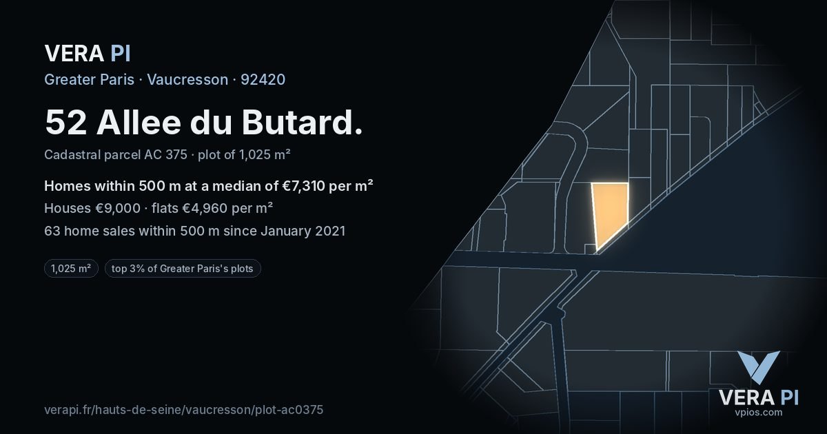 52 Allee du Butard, Vaucresson at night – the plot lit, the parcels around coloured by the prices near them