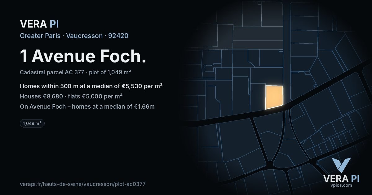1 Avenue Foch, Vaucresson at night – the plot lit, the parcels around coloured by the prices near them