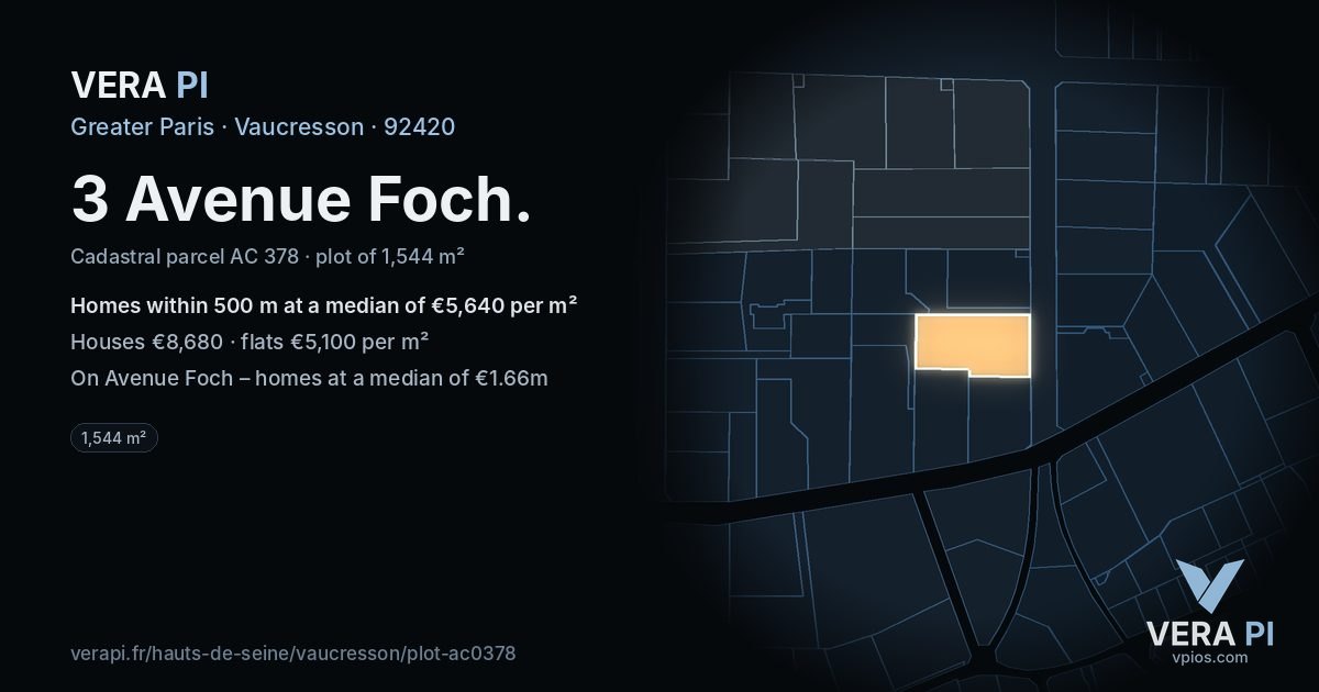 3 Avenue Foch, Vaucresson at night – the plot lit, the parcels around coloured by the prices near them