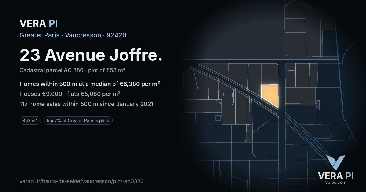 23 Avenue Joffre, Vaucresson at night – the plot lit, the parcels around coloured by the prices near them