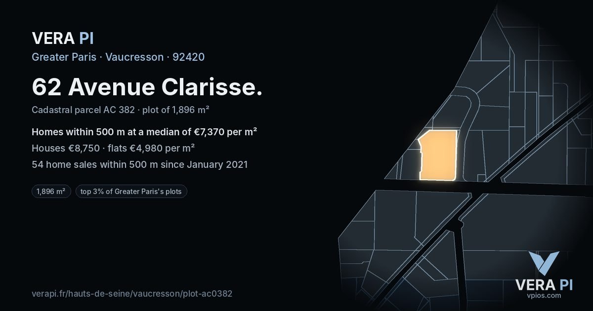 62 Avenue Clarisse, Vaucresson at night – the plot lit, the parcels around coloured by the prices near them