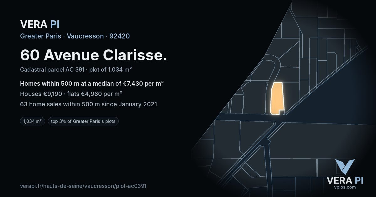 60 Avenue Clarisse, Vaucresson at night – the plot lit, the parcels around coloured by the prices near them