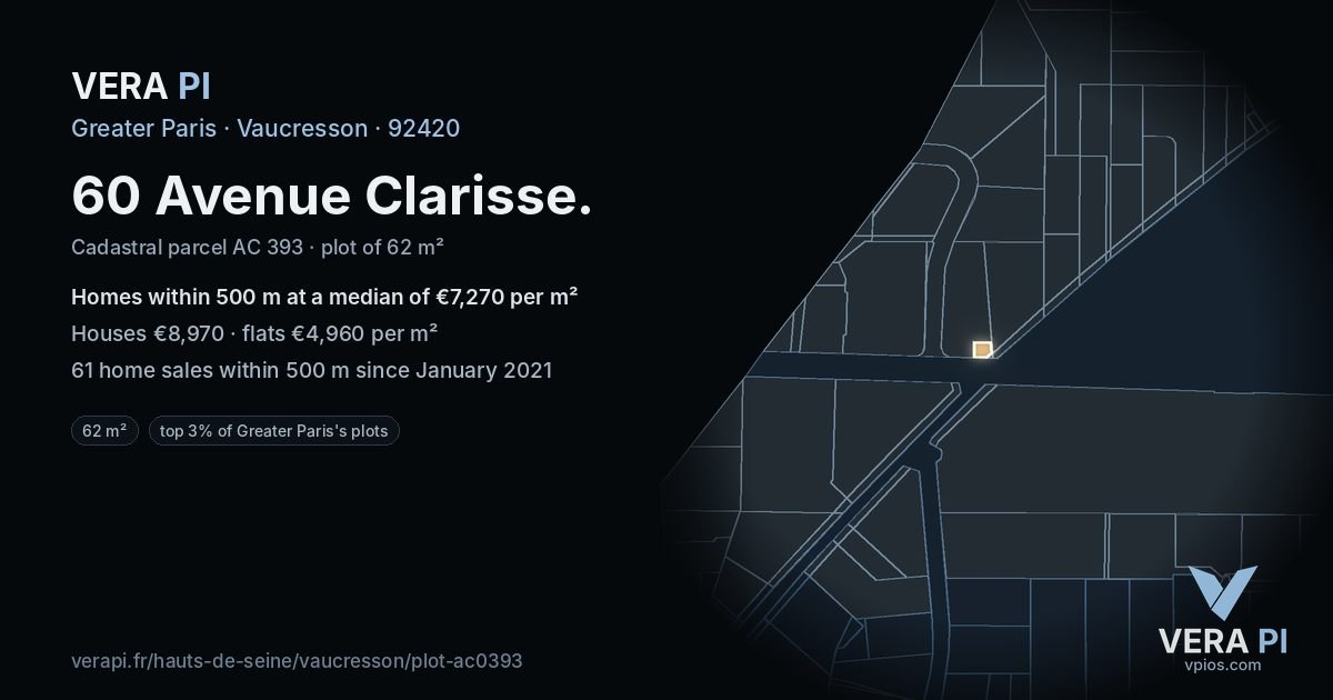 60 Avenue Clarisse, Vaucresson at night – the plot lit, the parcels around coloured by the prices near them