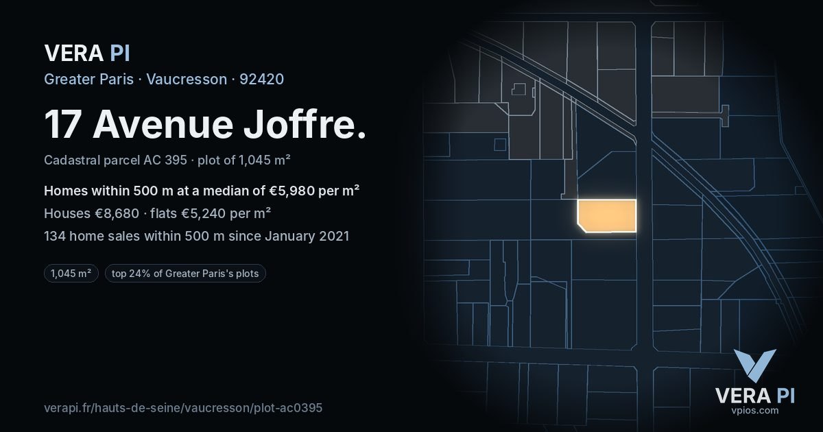 17 Avenue Joffre, Vaucresson at night – the plot lit, the parcels around coloured by the prices near them