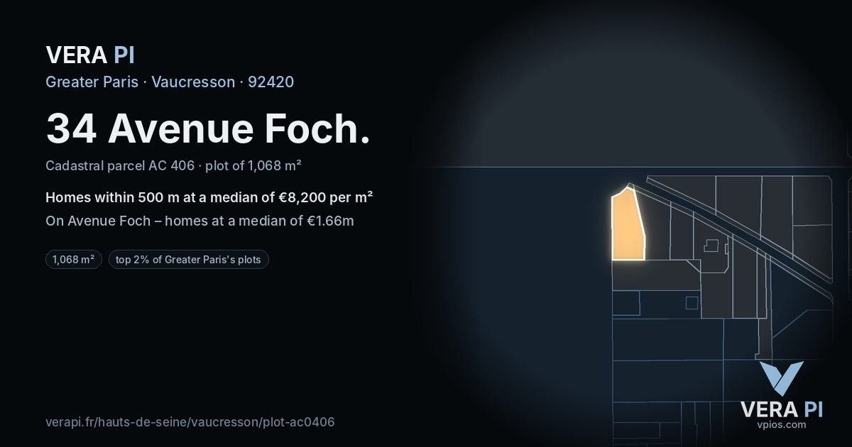 34 Avenue Foch, Vaucresson at night – the plot lit, the parcels around coloured by the prices near them