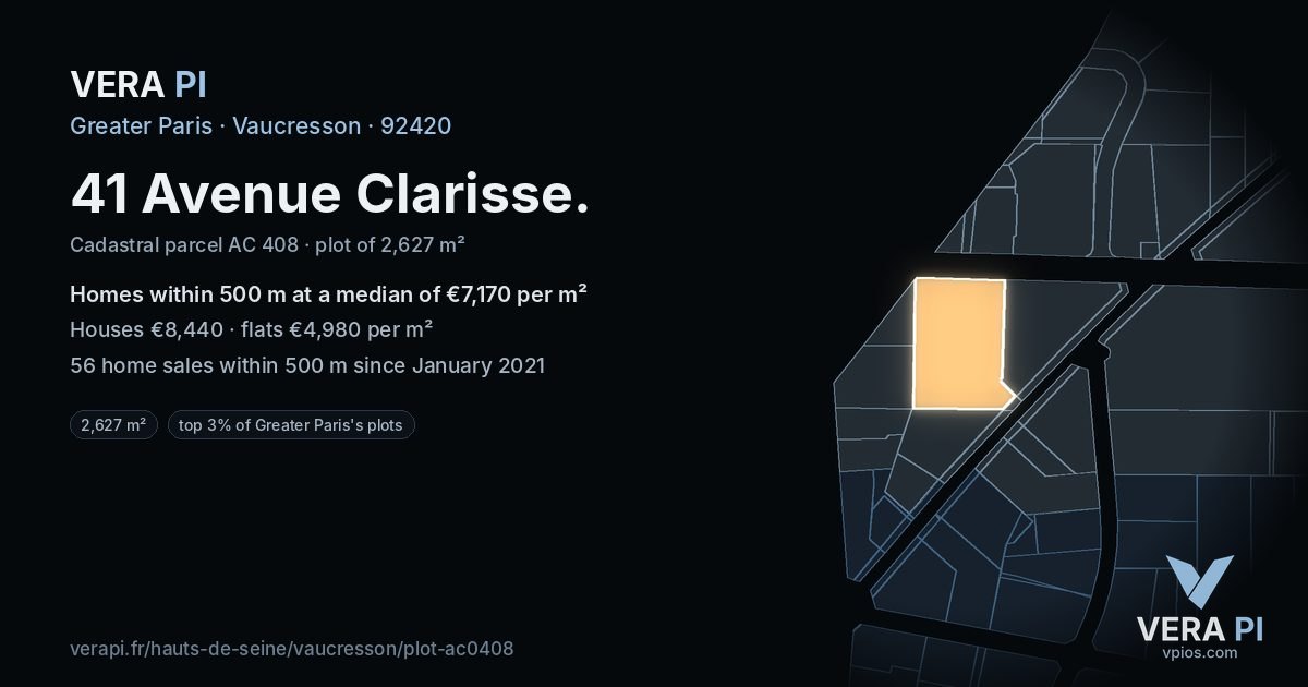 41 Avenue Clarisse, Vaucresson at night – the plot lit, the parcels around coloured by the prices near them