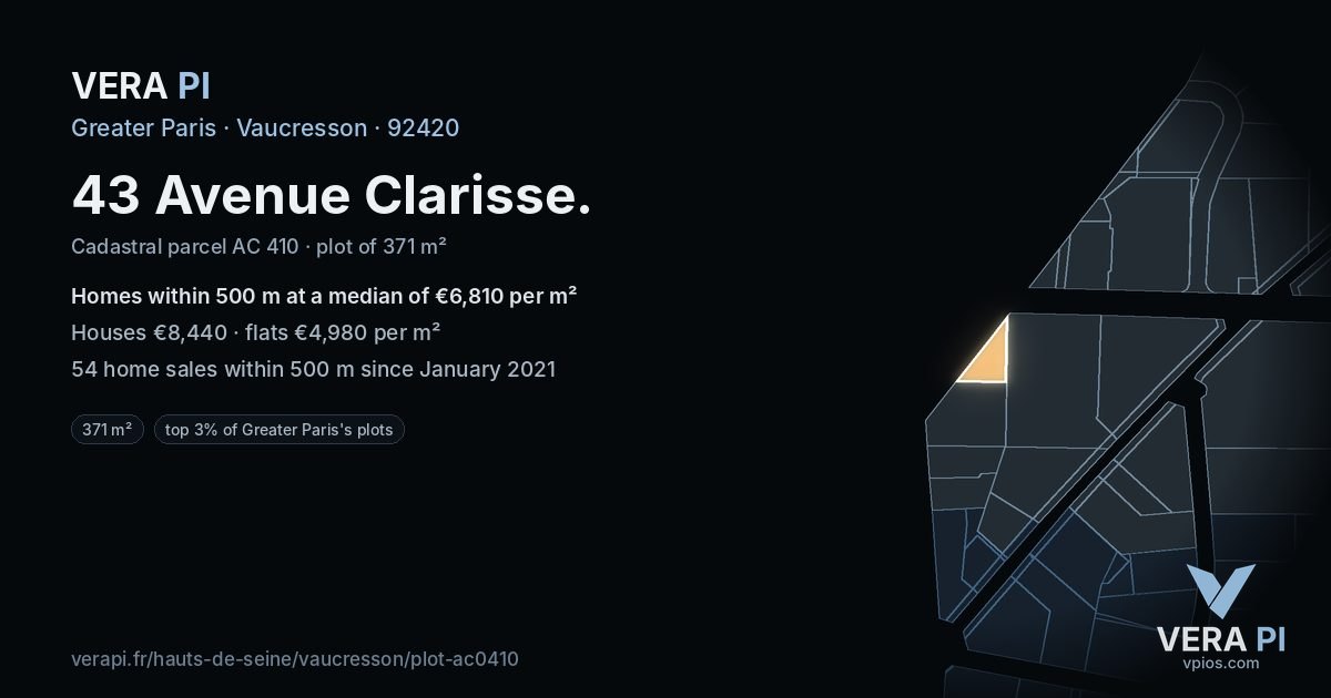 43 Avenue Clarisse, Vaucresson at night – the plot lit, the parcels around coloured by the prices near them