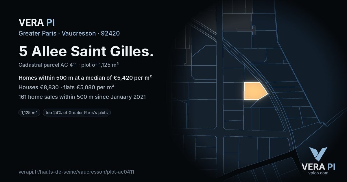 5 Allee Saint Gilles, Vaucresson at night – the plot lit, the parcels around coloured by the prices near them
