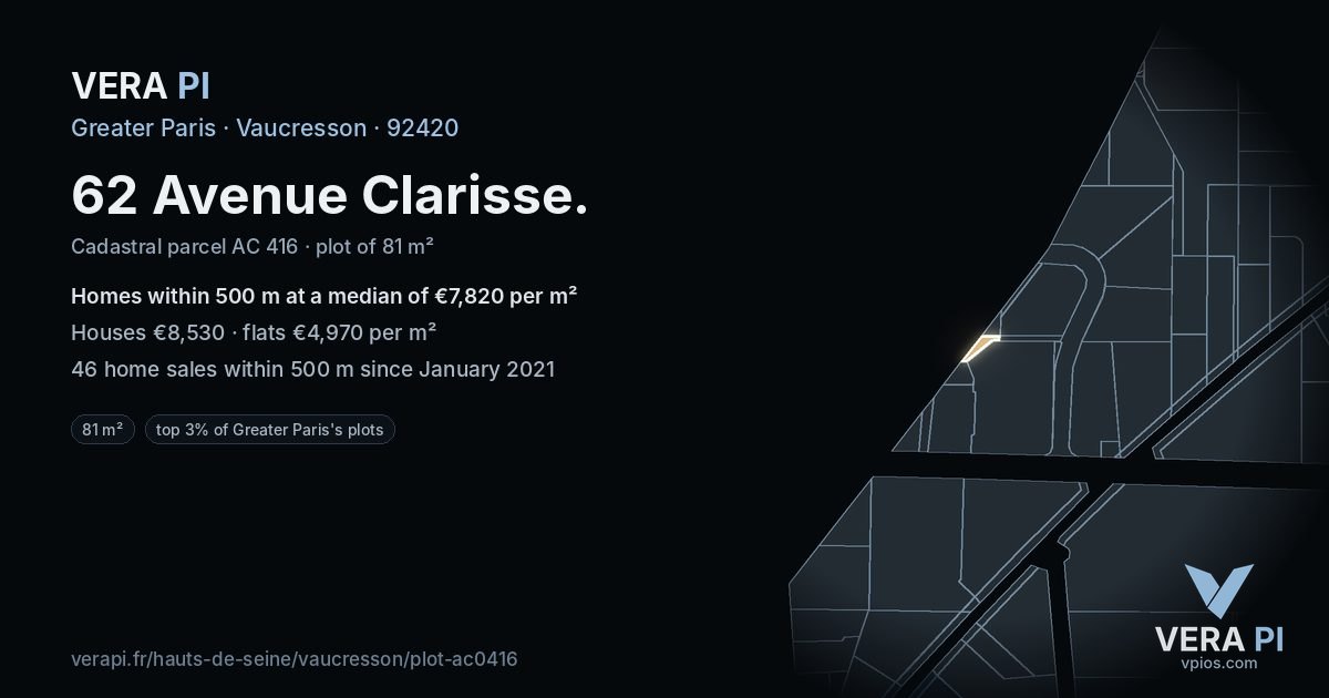 62 Avenue Clarisse, Vaucresson at night – the plot lit, the parcels around coloured by the prices near them