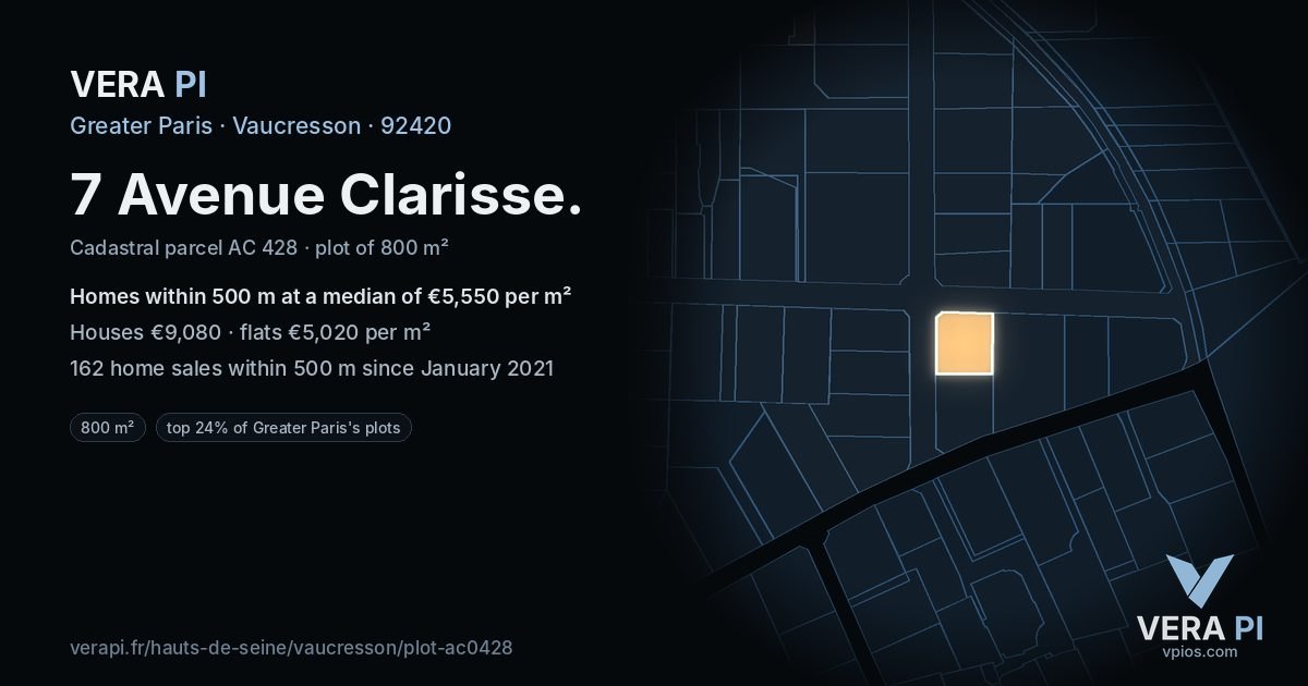 7 Avenue Clarisse, Vaucresson at night – the plot lit, the parcels around coloured by the prices near them