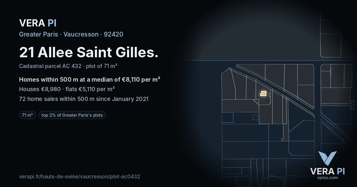 21 Allee Saint Gilles, Vaucresson at night – the plot lit, the parcels around coloured by the prices near them