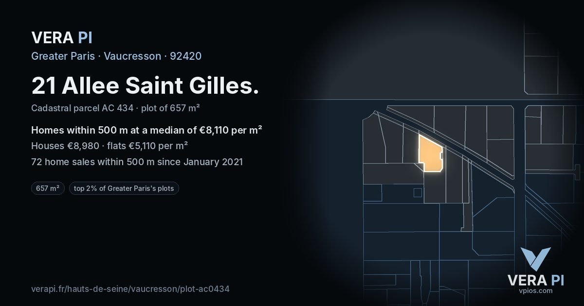 21 Allee Saint Gilles, Vaucresson at night – the plot lit, the parcels around coloured by the prices near them