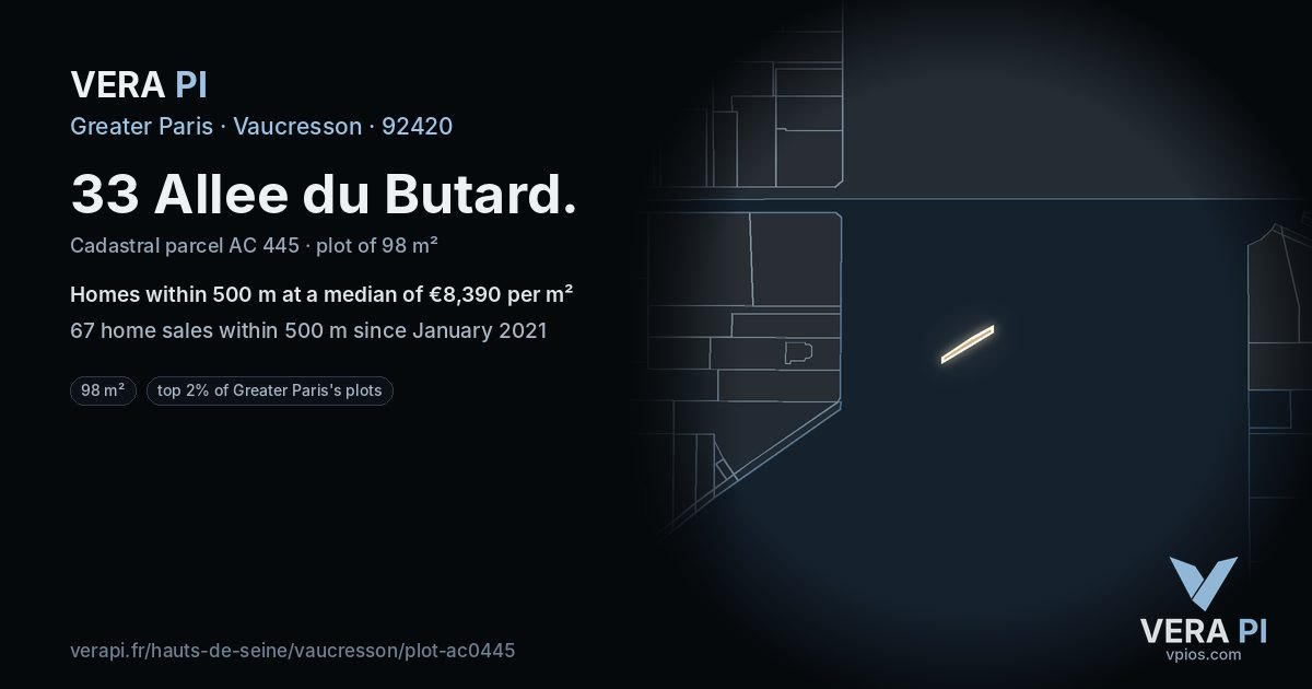 33 Allee du Butard, Vaucresson at night – the plot lit, the parcels around coloured by the prices near them