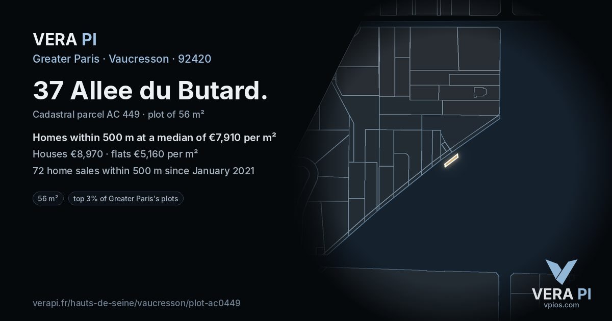 37 Allee du Butard, Vaucresson at night – the plot lit, the parcels around coloured by the prices near them