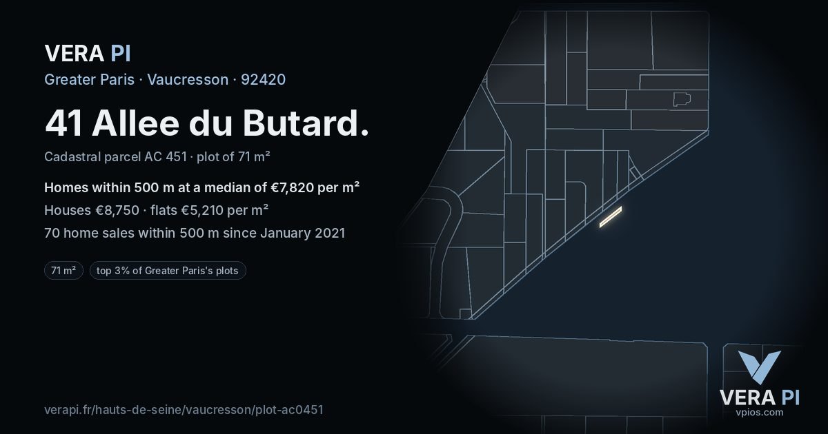 41 Allee du Butard, Vaucresson at night – the plot lit, the parcels around coloured by the prices near them