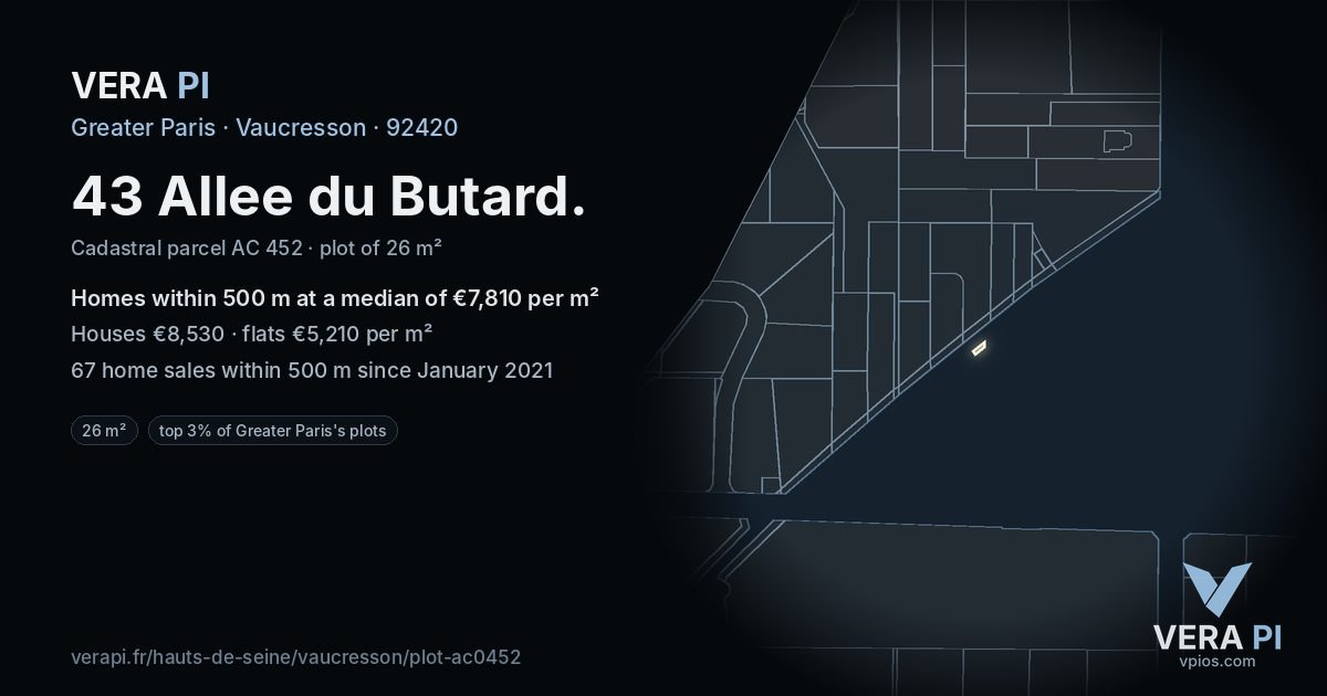 43 Allee du Butard, Vaucresson at night – the plot lit, the parcels around coloured by the prices near them