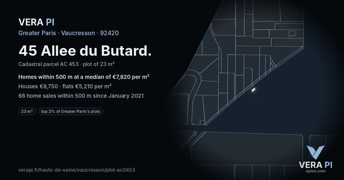 45 Allee du Butard, Vaucresson at night – the plot lit, the parcels around coloured by the prices near them