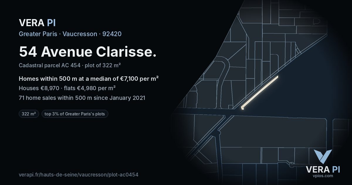 54 Avenue Clarisse, Vaucresson at night – the plot lit, the parcels around coloured by the prices near them