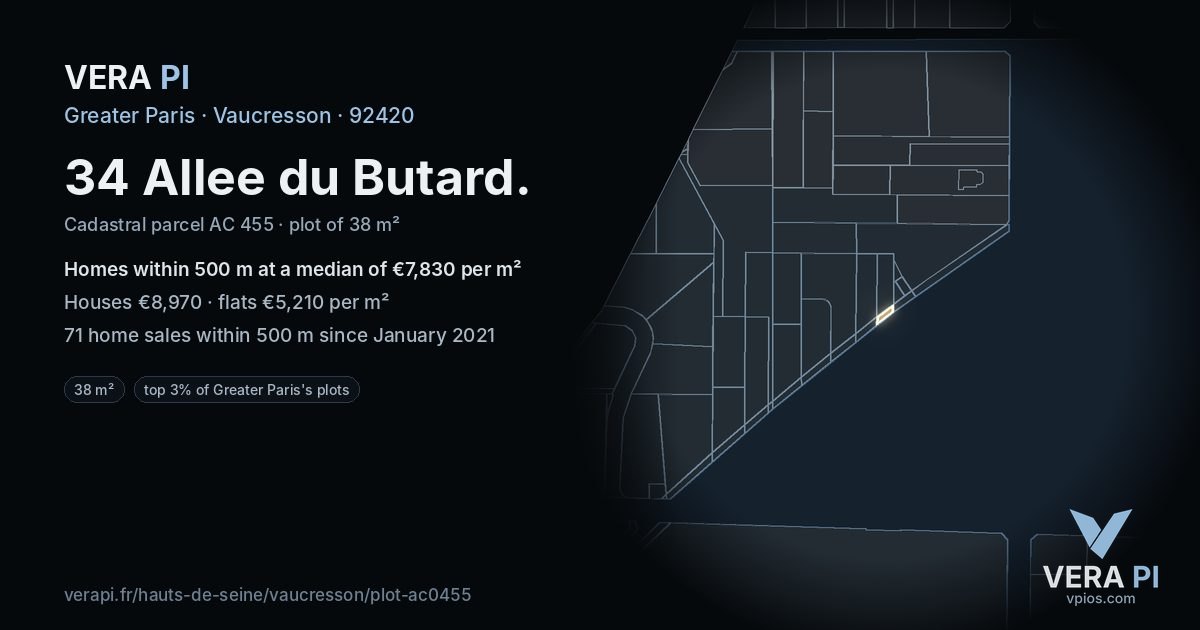 34 Allee du Butard, Vaucresson at night – the plot lit, the parcels around coloured by the prices near them