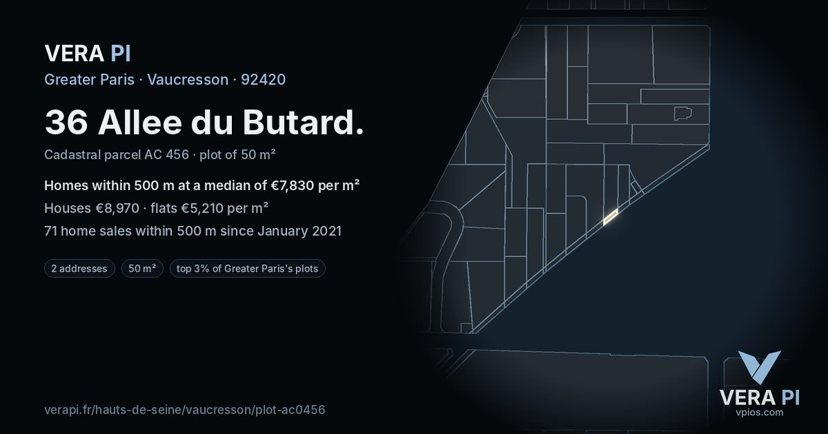 36 Allee du Butard, Vaucresson at night – the plot lit, the parcels around coloured by the prices near them