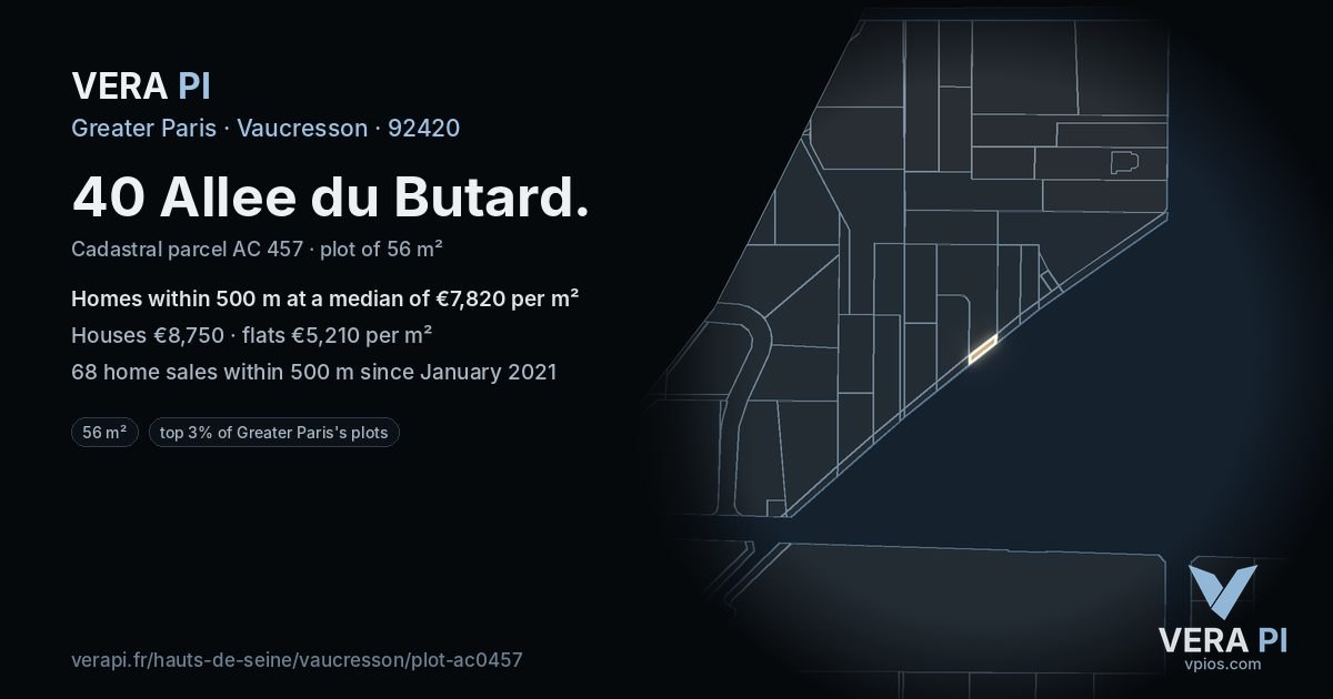 40 Allee du Butard, Vaucresson at night – the plot lit, the parcels around coloured by the prices near them