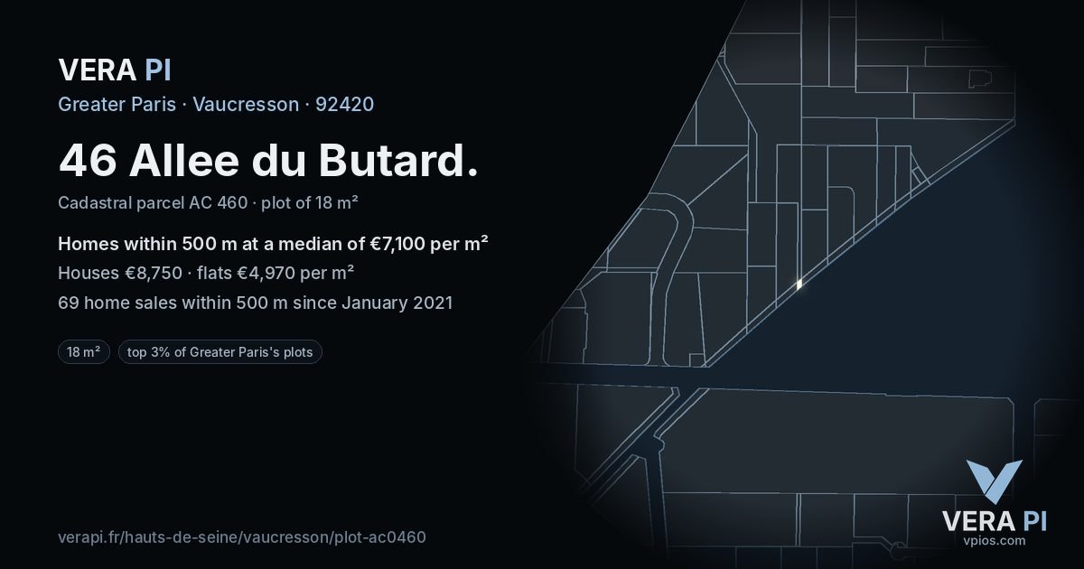 46 Allee du Butard, Vaucresson at night – the plot lit, the parcels around coloured by the prices near them