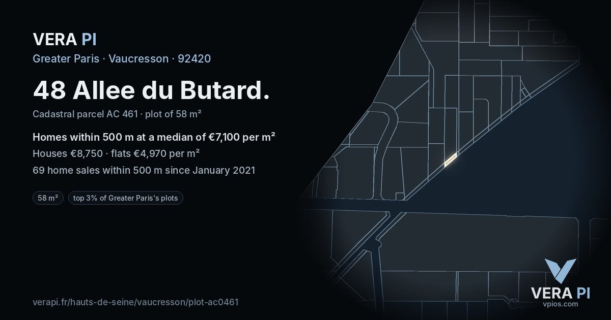 48 Allee du Butard, Vaucresson at night – the plot lit, the parcels around coloured by the prices near them
