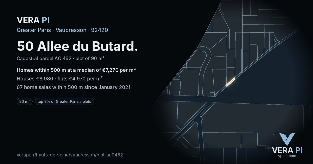 50 Allee du Butard, Vaucresson at night – the plot lit, the parcels around coloured by the prices near them